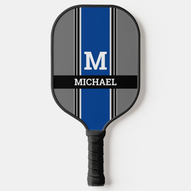 Bold Monogram & Name Deep Blue Grey & Blk. Stripes Pickleball Paddle (Front)