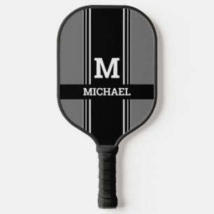 Bold Monogram & Name, Grey & Black Stripes Pickleball Paddle