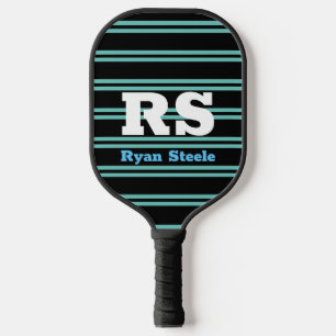 Bold Monogram & Name, Lt. Teal Lines on Black Pickleball Paddle
