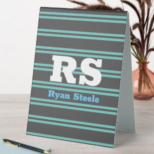 Bold Monogram & Name, Lt. Teal Lines on Dark Grey