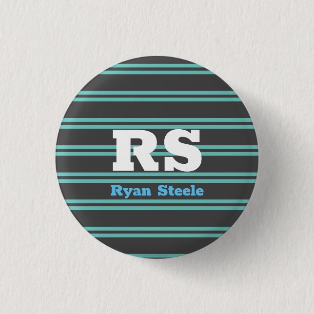 Bold Monogram & Name, Lt. Teal Lines on Dark Grey 3 Cm Round Badge (Front)