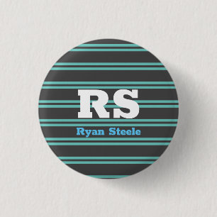 Bold Monogram & Name, Lt. Teal Lines on Dark Grey 3 Cm Round Badge