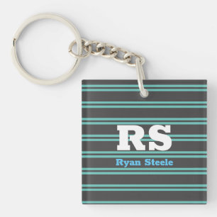 Bold Monogram & Name, Lt. Teal Lines on Dark Grey Key Ring