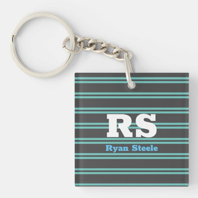 Bold Monogram & Name, Lt. Teal Lines on Dark Grey Key Ring (Front)