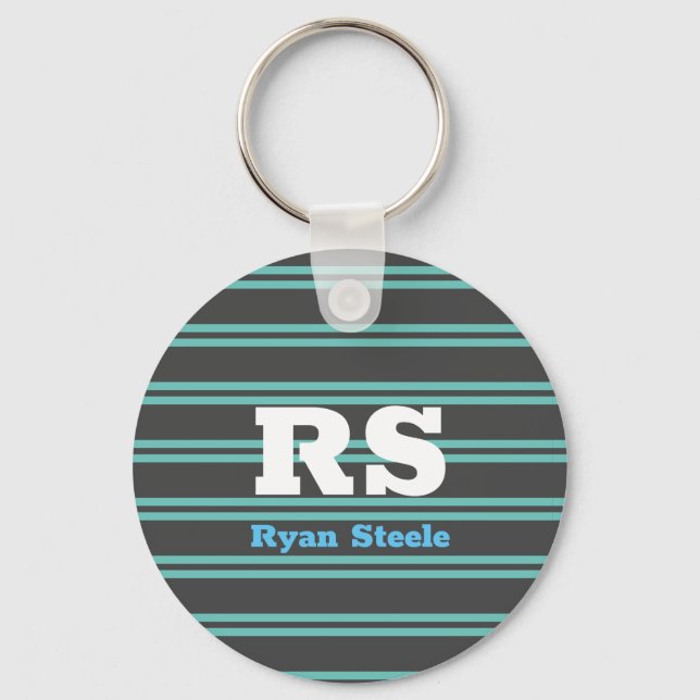 Bold Monogram & Name, Lt. Teal Lines on Dark Grey Key Ring (Front)