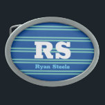 Bold Monogram & Name, Lt Teal Lines on Deep Blue Belt Buckle<br><div class="desc">Personalise bold white monogram and name on light teal lines on deep blue background.</div>