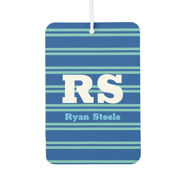 Bold Monogram & Name, Lt Teal Lines on Deep Blue Car Air Freshener (Front)