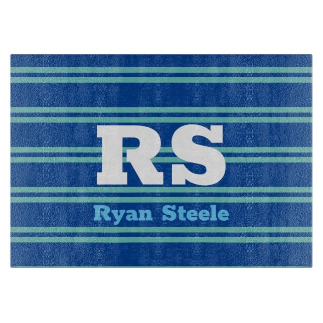 Bold Monogram & Name, Lt. Teal Lines on Deep Blue Cutting Board (Front)
