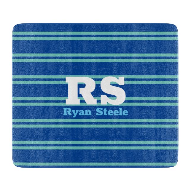 Bold Monogram & Name, Lt. Teal Lines on Deep Blue Cutting Board (Front)