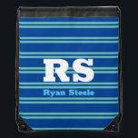 Bold Monogram & Name, Lt Teal Lines on Deep Blue Drawstring Bag<br><div class="desc">Personalise bold white monogram and name on light teal lines on deep blue background.</div>