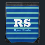 Bold Monogram & Name, Lt Teal Lines on Deep Blue Drawstring Bag<br><div class="desc">Personalise bold white monogram and name on light teal lines on deep blue background.</div>