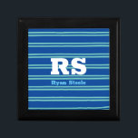 Bold Monogram & Name, Lt. Teal Lines on Deep Blue Gift Box<br><div class="desc">Personalise bold white monogram and name on light teal lines on deep blue background.</div>