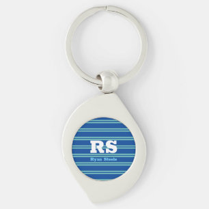 Bold Monogram & Name, Lt. Teal Lines on Deep Blue Key Ring