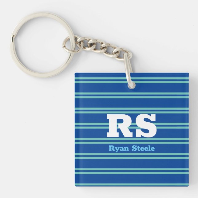 Bold Monogram & name, Lt. Teal Lines on Deep Blue Key Ring (Front)