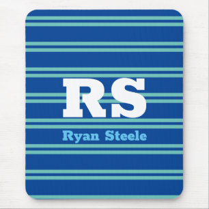 Bold Monogram & Name, Lt. Teal Lines on Deep Blue Mouse Mat