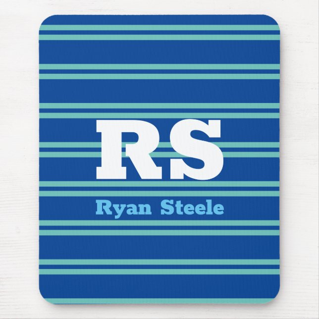 Bold Monogram & Name, Lt. Teal Lines on Deep Blue Mouse Mat (Front)
