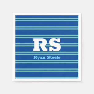 Bold Monogram & Name, Lt Teal Lines on Deep Blue Napkin