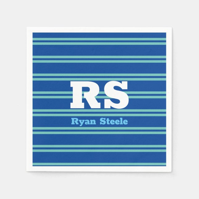 Bold Monogram & Name, Lt Teal Lines on Deep Blue Napkin (Front)