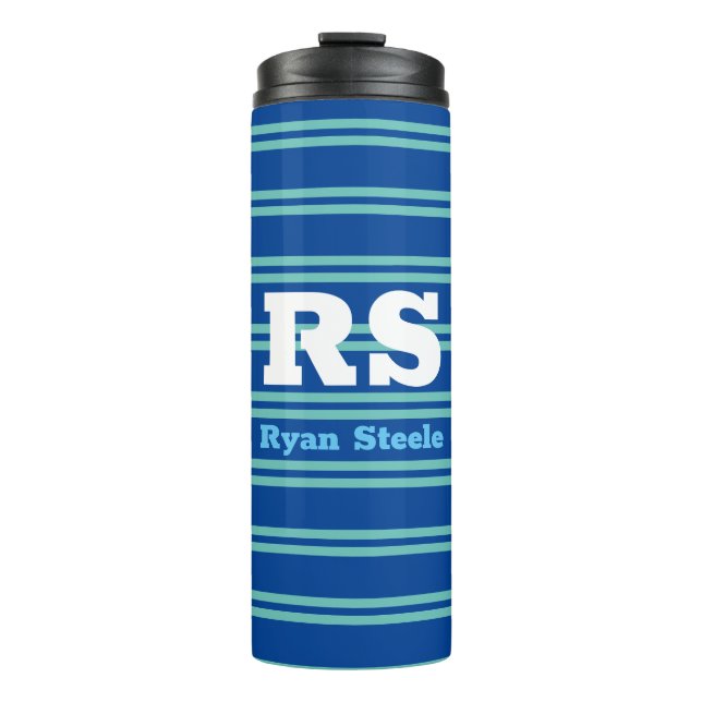 Bold Monogram & Name, Lt Teal Lines on Deep Blue Thermal Tumbler (Front)