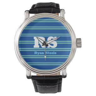 Bold Monogram & Name, Lt. Teal Lines on Deep Blue Watch