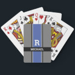 Bold Monogram & Name Med Blue Grey & Black Stripes Playing Cards<br><div class="desc">Personalise white Monogram and light grey name in bold text on medium blue,  grey and black stripes.</div>