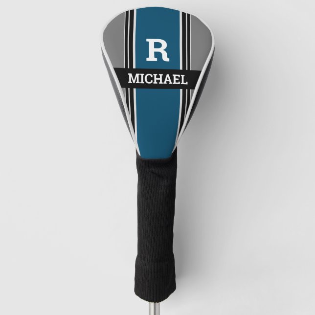 Bold Monogram & Name, Ocean Blue Grey Blk. Stripes Golf Head Cover (Front)