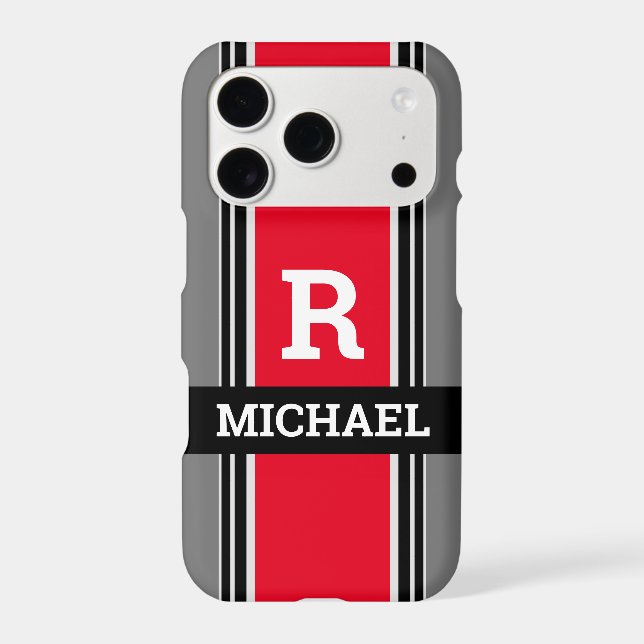 Bold Monogram & Name, Red Grey & Black Stripes (Back)