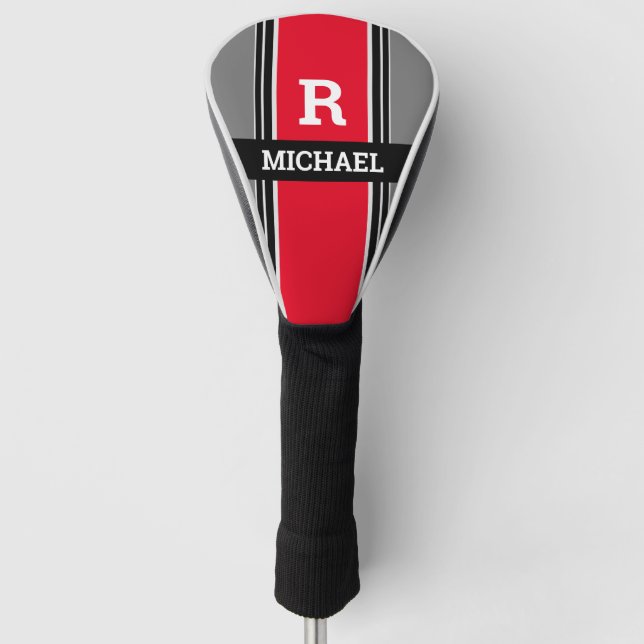 Bold Monogram & Name, Red Grey & Black Stripes Golf Head Cover (Front)