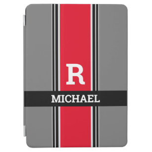 Bold Monogram & Name, Red Grey & Black Stripes iPad Air Cover