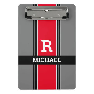 Bold Monogram & Name, Red Grey & Black Stripes Mini Clipboard