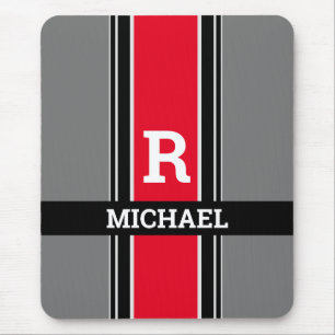 Bold Monogram & Name, Red Grey & Black Stripes Mouse Mat