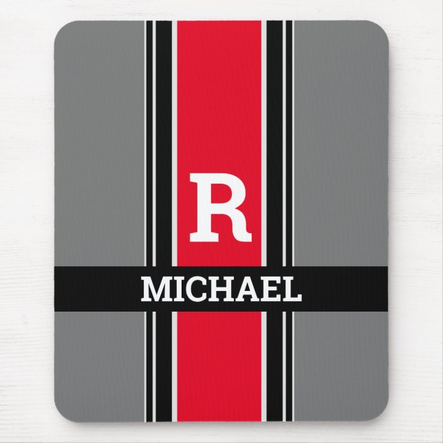 Bold Monogram & Name, Red Grey & Black Stripes Mouse Mat (Front)