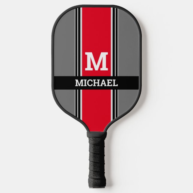 Bold Monogram & Name, Red Grey & Black Stripes Pickleball Paddle (Front)