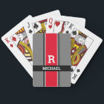 Bold Monogram & Name, Red Grey & Black Stripes Playing Cards<br><div class="desc">Personalise your Monogram and name in light grey bold text on red,  grey and black stripes. Click “Customise” to change colours and type styles.</div>