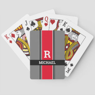 Bold Monogram & Name, Red Grey & Black Stripes Playing Cards