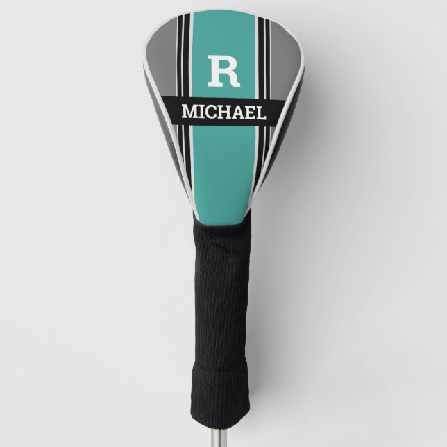 Bold Monogram & Name, Teal Grey Black Stripes Golf Head Cover (Front)