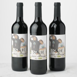 Bold Monogram Photo Modern Wedding Wine Label