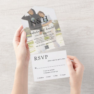 Bold Monogram Photo QR Code Modern Wedding All In One Invitation