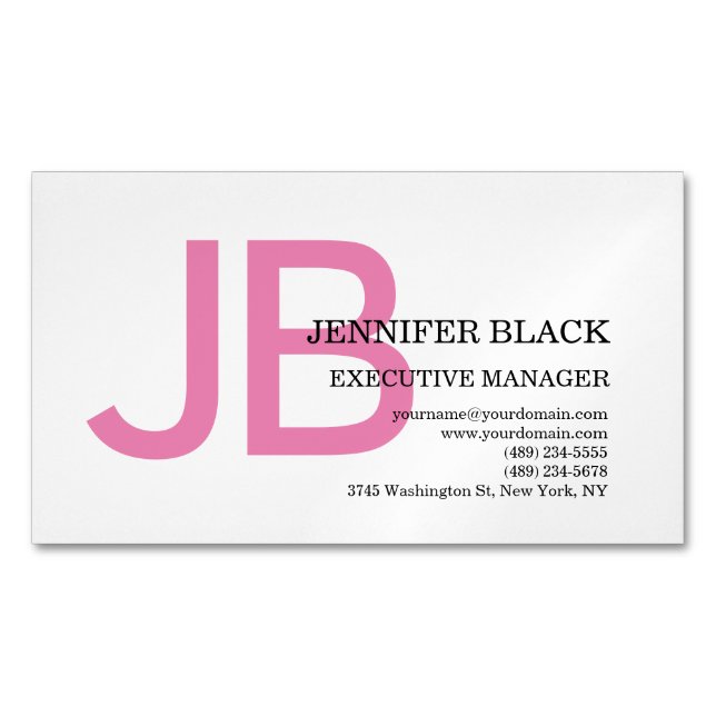 Bold Monogram Pink White Modern Plain Magnetic Business Card (Front)