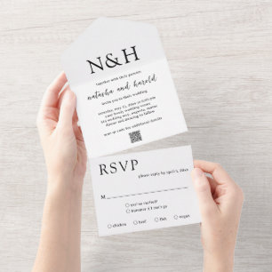Bold Monogram QR Code Black and White Wedding All In One Invitation