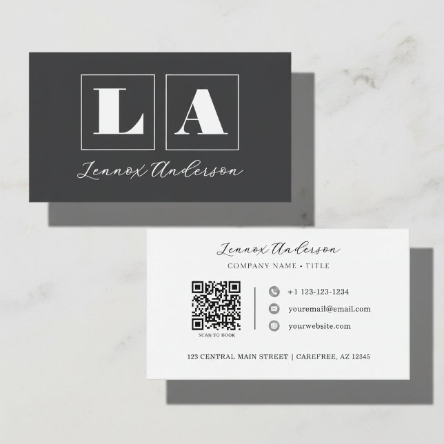Bold Monogram QR Code Dark Grey Business Card (Creator Uploaded)