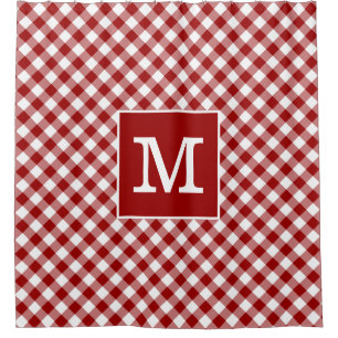 Bold Monogram Red and White Gingham Pattern Shower Curtain