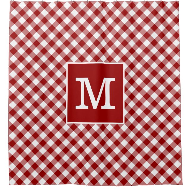 Bold Monogram Red and White Gingham Pattern Shower Curtain (Front)