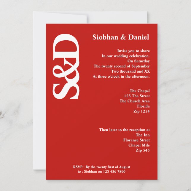 Bold Monogram Red and White Wedding Invitation (Front)