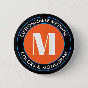 Bold Monogram & Text Black White Orange & Blue 6 Cm Round Badge