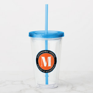Bold Monogram & Text   Black White Orange & Blue Acrylic Tumbler