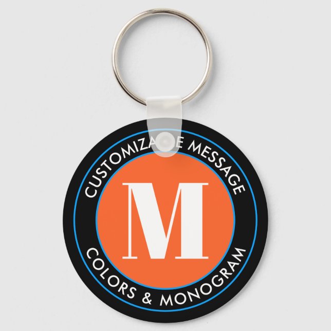 Bold Monogram & Text | Black White Orange & Blue Key Ring (Front)