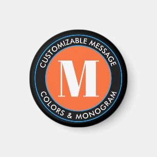 Bold Monogram & Text Black White Orange & Blue Magnet