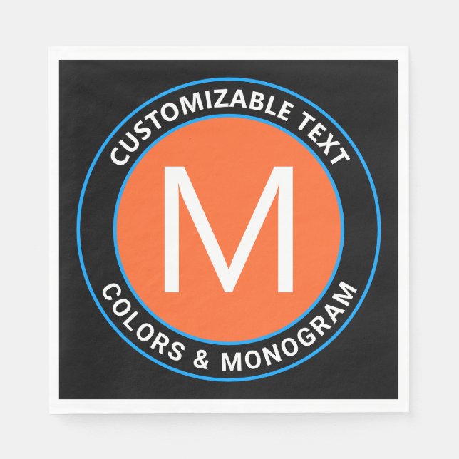 Bold Monogram & Text | Black White Orange & Blue Napkin (Front)