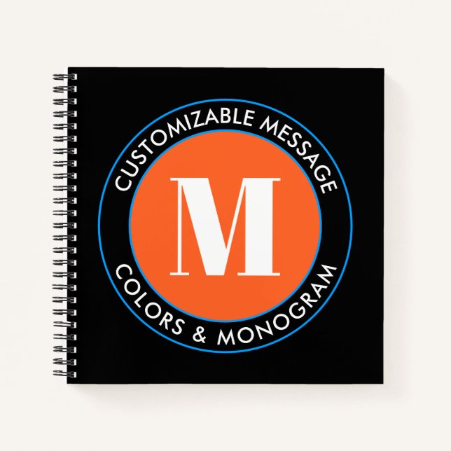 Bold Monogram & Text | Black White Orange & Blue Notebook (Front)